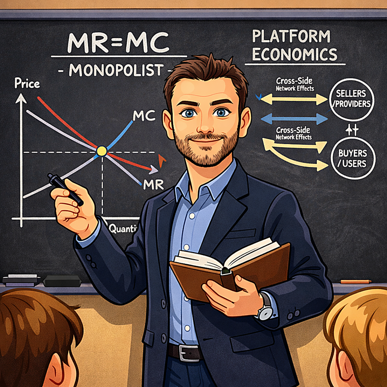 Illustrated teaching image on platform economics and industrial organization